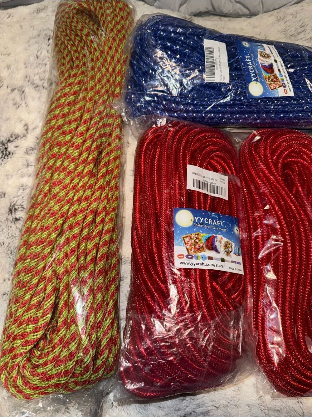 Lot of four Craft Decorative Mesh Tubing Bundle in Red, Blue, Blue green red